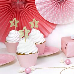PartyDeco Cupcake toppers til foerste foedselsdag - 6 guldstjerner