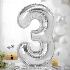 PartyDeco Staaende folieballon nummer 3, 70 cm, soelv